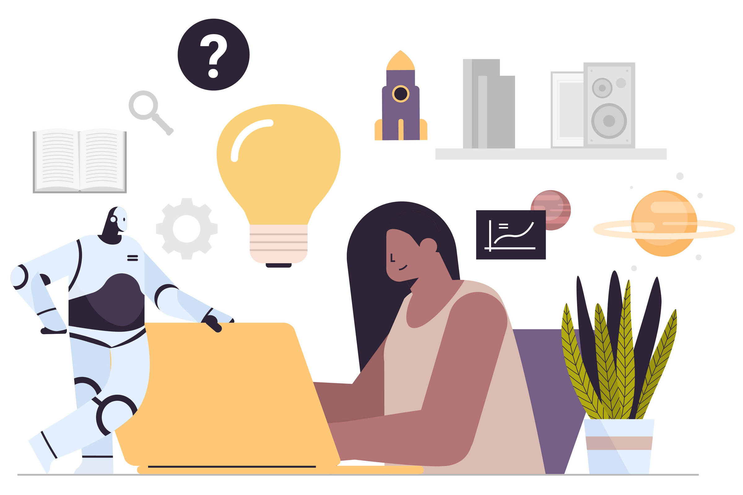 A imagem ilustra uma cena de trabalho onde uma mulher está sentada em frente a um laptop, concentrada em sua tarefa. Ao lado dela, um robô humanoide está em pé, observando. O fundo apresenta elementos como uma lâmpada, um livro aberto, uma chave, uma engrenagem, uma planta em vaso, e ícones que representam ciência e tecnologia, como um foguete e planetas.
