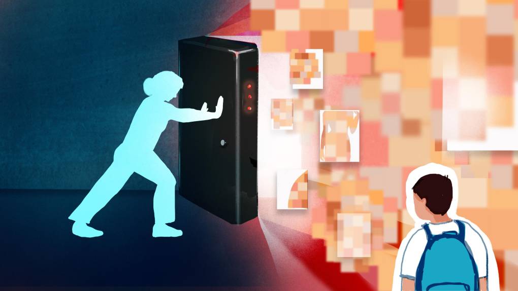 Figure pushing against a door keeping images out and away from child