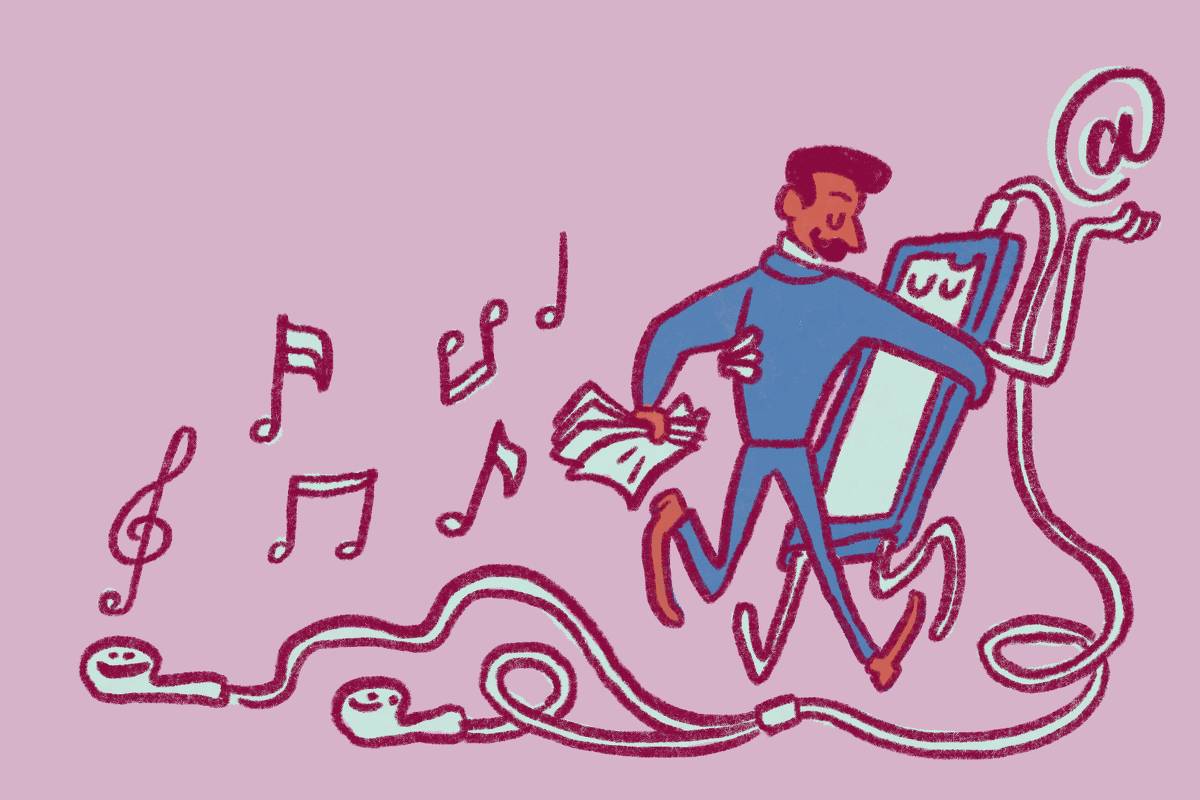 Ilustração de Aureliano Medeiros mostra, em tons de vermelho, um homem abraçado num celular, com um longo fone de ouvido. Dele, saem notas musicais