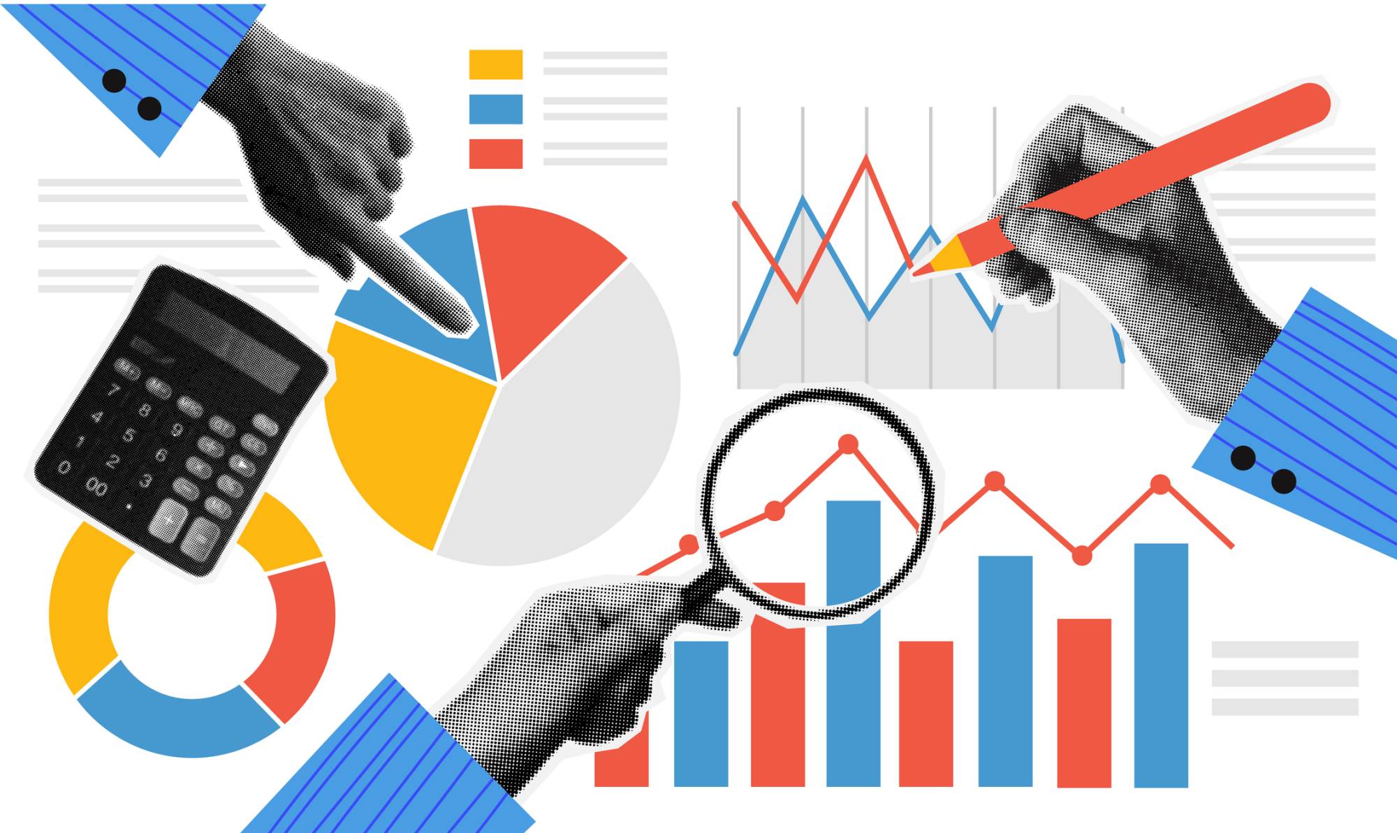 Halftone hands with graph and diagram in trendy vintage style. Concept of analytics. Achieving high results