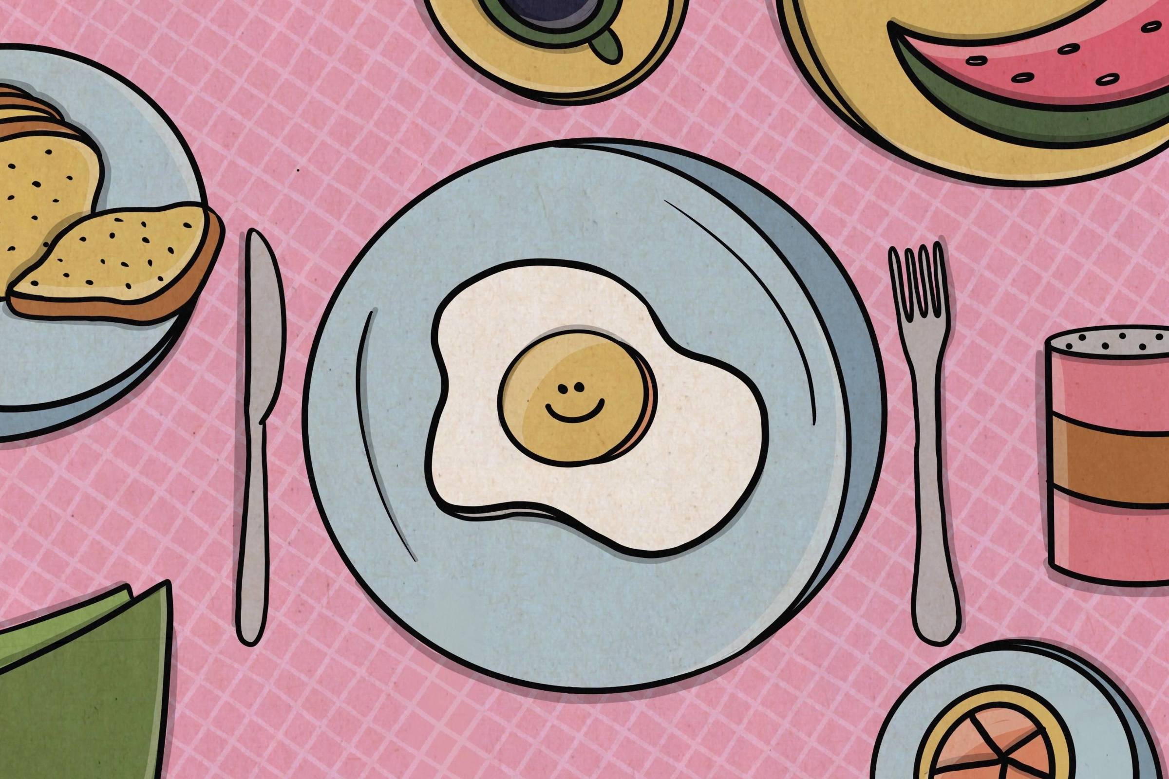 A imagem mostra uma ilustração alegre de uma mesa de café da manhã sobre uma toalha rosa xadrez. No centro, há um prato com um ovo frito, cujo centro tem um rosto sorridente desenhado, transmitindo leveza e bom humor. Ao redor do prato, vemos talheres, fatias de pão, uma xícara de café, uma fatia de melancia, um saleiro, um guardanapo dobrado e um pratinho com uma fatia de laranja. A composição transmite a sensação de um café da manhã divertido, acolhedor e colorido, perfeito para começar o dia com um sorriso.