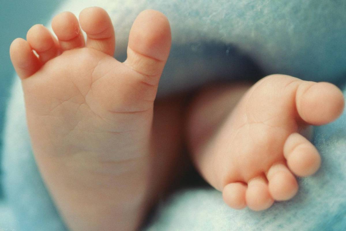 A imagem mostra os pés de um bebê, com dedos pequenos e arredondados, repousando sobre uma superfície macia e azul. Os pés estão parcialmente cobertos por um tecido, e a iluminação é suave, destacando a delicadeza da pele do bebê.