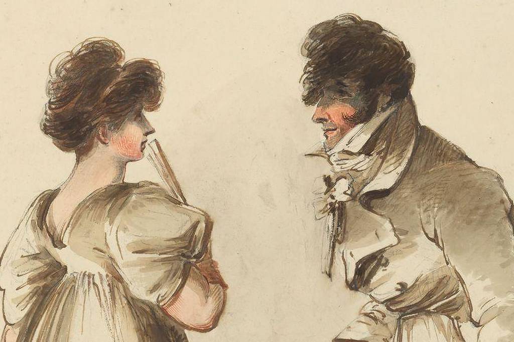 A imagem apresenta um desenho de um casal do século XIX. À esquerda, uma mulher com cabelo cacheado e vestido claro, segurando um objeto que parece ser um leque. À direita, um homem com cabelo volumoso, usando um casaco e gravata, olhando para a mulher. O fundo é neutro, destacando os personagens.