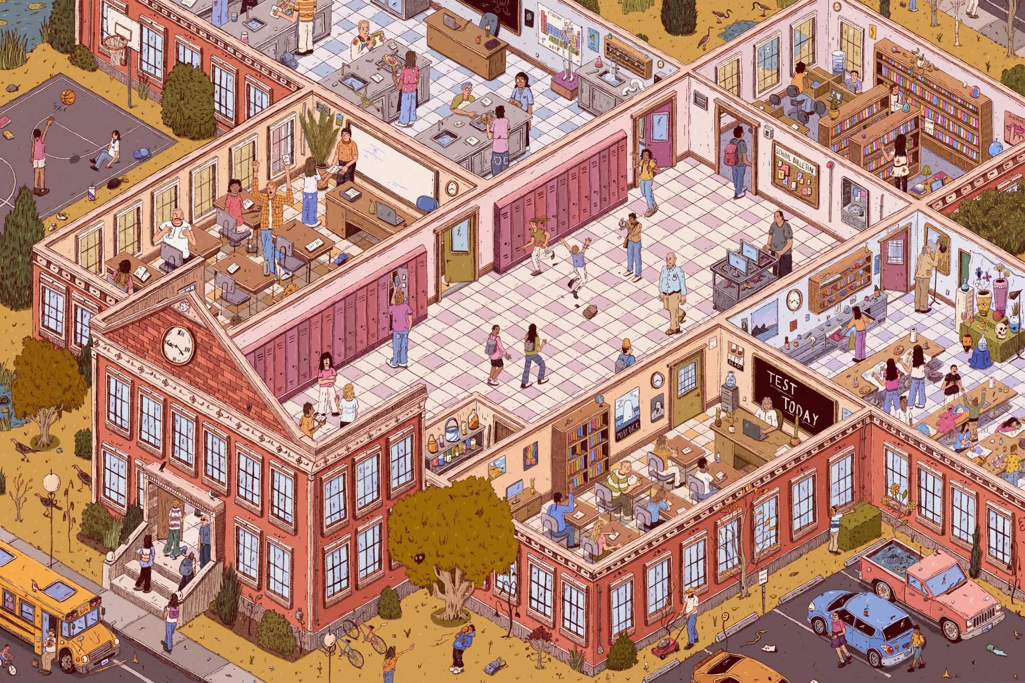 Illustration of a busy school from an overhead view