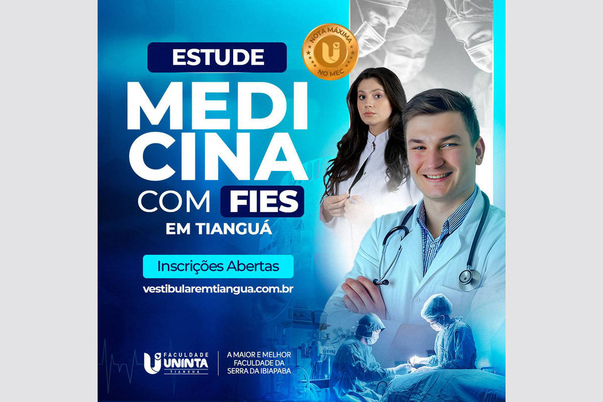 Anúncio promocional com fundo azul apresenta dois médicos, um homem sorridente com jaleco e estetoscópio e uma mulher ao fundo com jaleco branco. Texto destaca