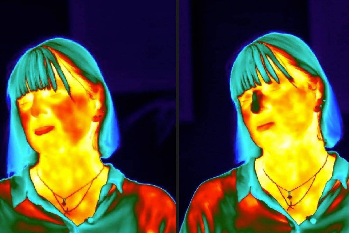 Imagem térmica mostra uma mulher com cabelo curto e franja em duas posições lado a lado. As cores indicam variações de temperatura, com tons quentes em amarelo e vermelho no rosto e pescoço, e tons frios em azul e verde no cabelo e roupas.