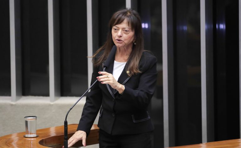 Deputada Alice Portugal fala ao microfone. Ela é uma mulher clara, tem cabelos longos, escuros e lisos e usa um terno preto com blusa branca