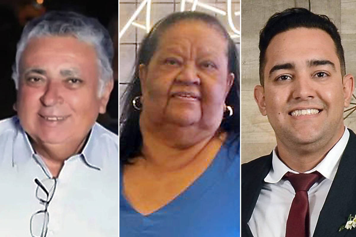 Três pessoas aparecem em retratos individuais alinhados horizontalmente. À esquerda, homem de cabelos grisalhos e camisa clara sorri levemente. No centro, mulher com cabelos escuros presos, usando blusa azul, olha para a frente. À direita, homem jovem com cabelo curto, terno escuro, camisa branca e gravata vermelha sorri para a câmera.