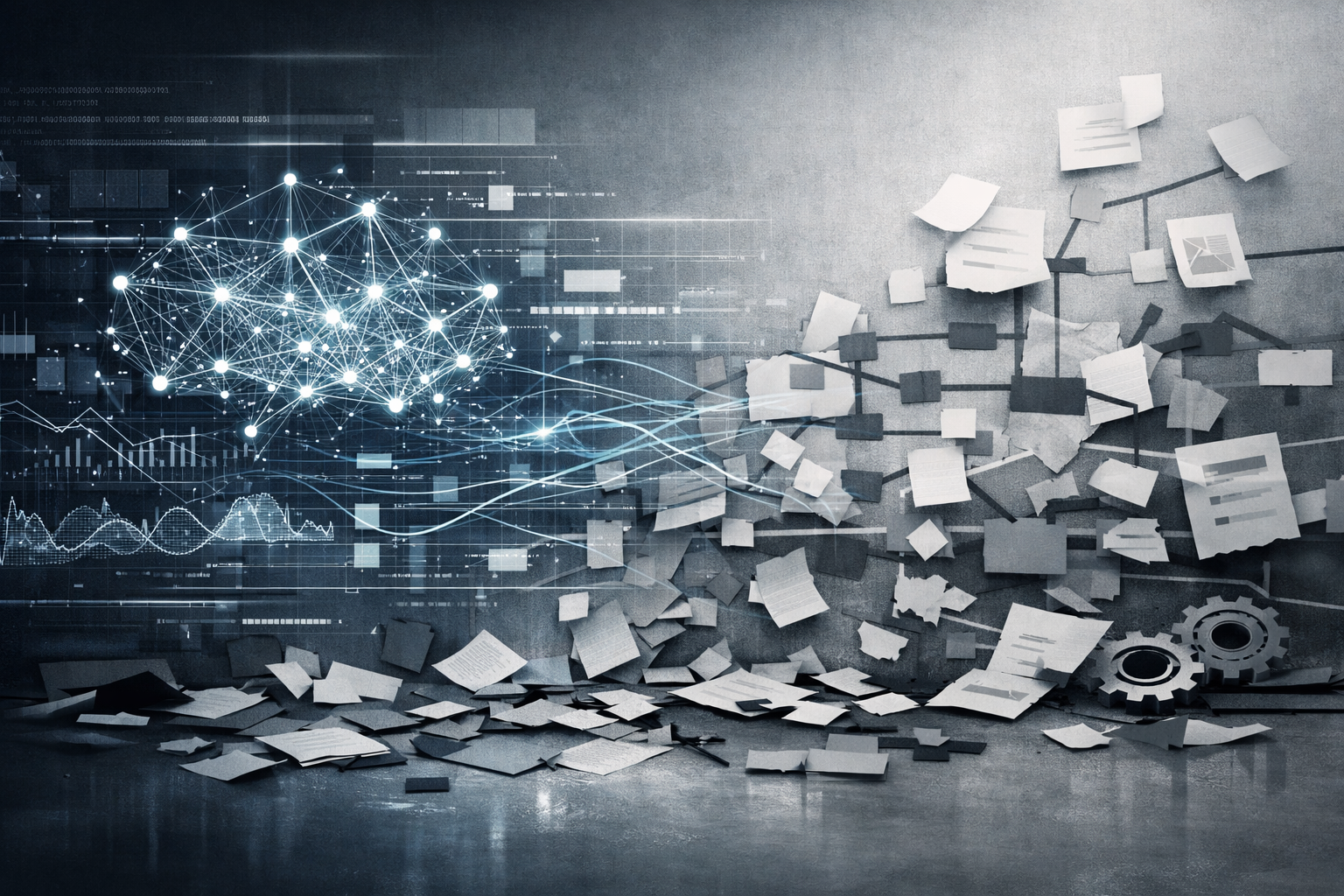 Representação visual da inteligência artificial operando sobre processos desorganizados, com redes digitais avançadas contrastando com fluxos fragmentados de documentos, simbolizando a automação de falhas estruturais.