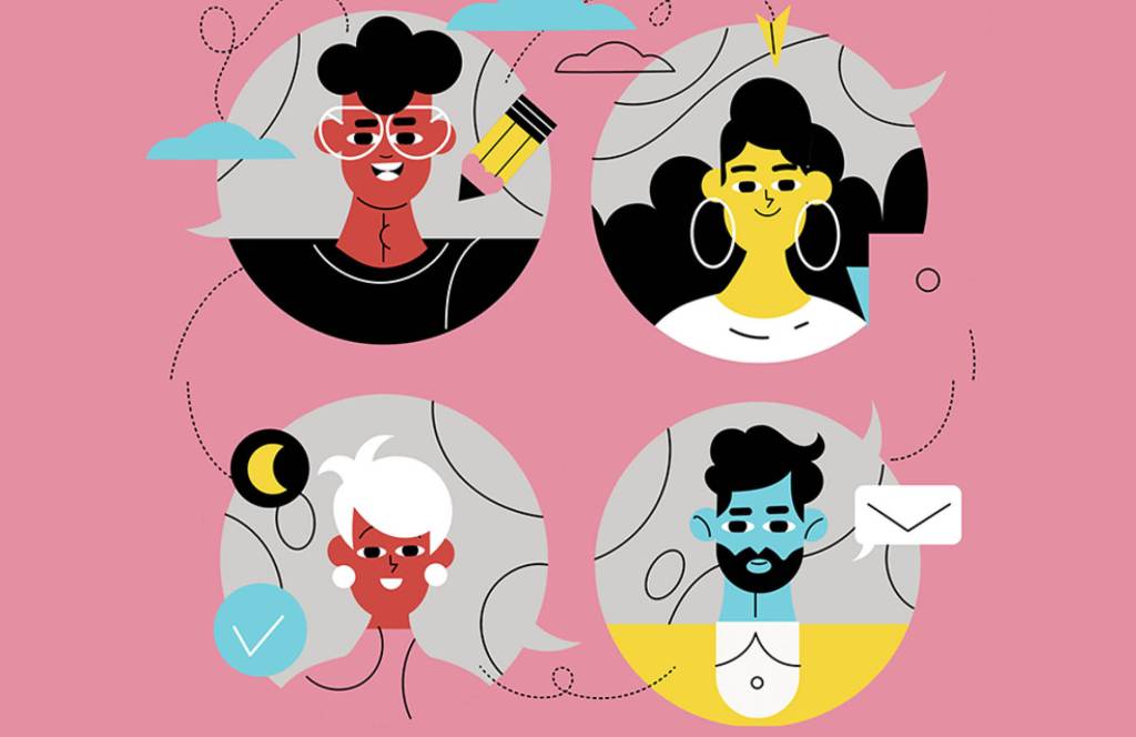 Imagem de quatro personagens distintos separados por ícones circulares.