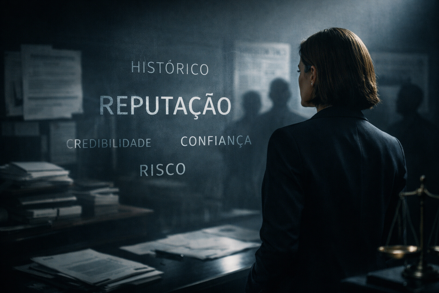 Executivo em ambiente corporativo escuro, simbolizando decisões silenciosas, risco reputacional e o peso jurídico da reputação na avaliação de negócios e contratos.