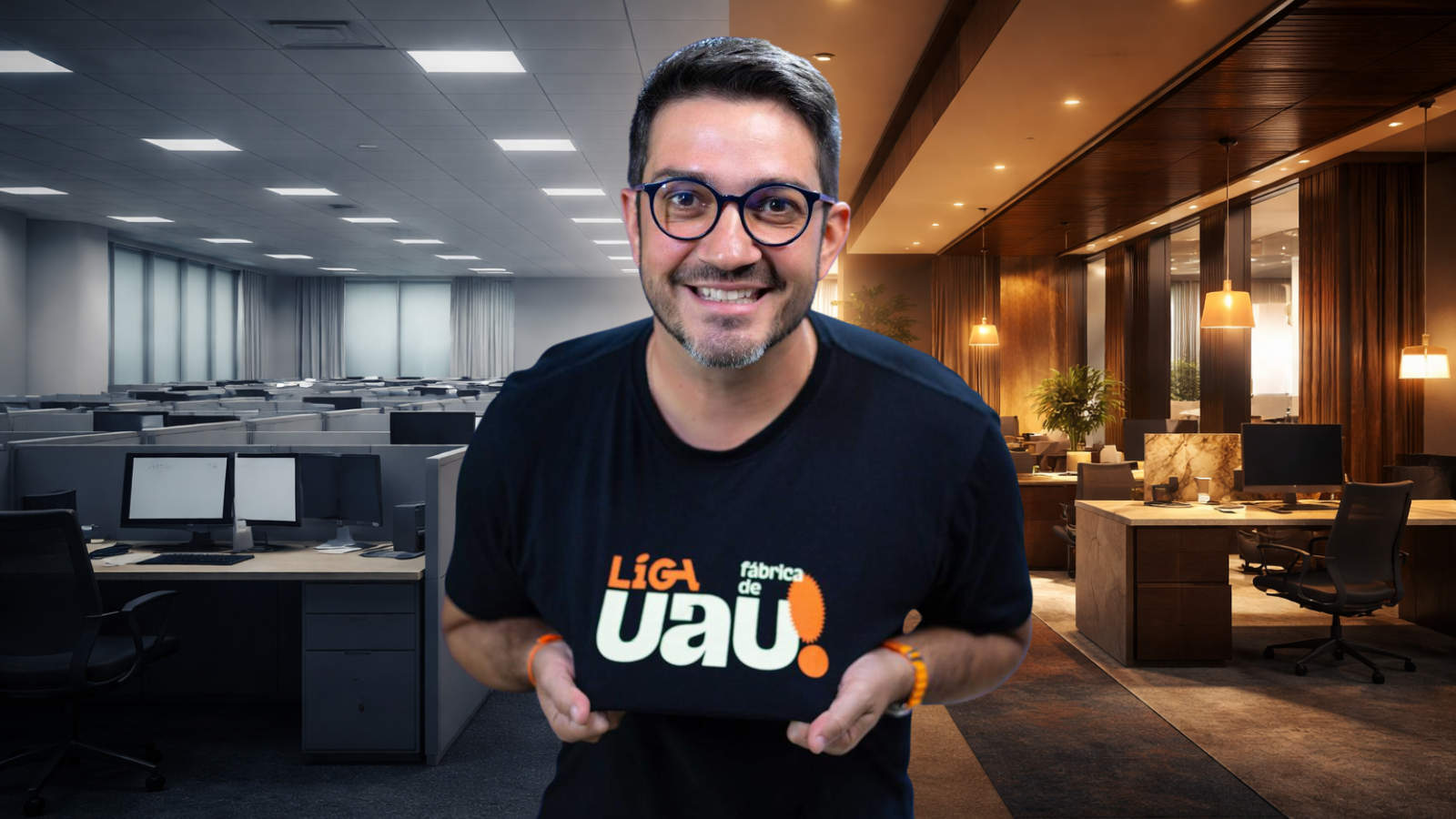 Marcelo Braga em destaque ao centro, com fundo dividido entre escritório corporativo repetitivo e ambiente sofisticado iluminado, simbolizando a transição do “OK” para o “UAU” nas marcas.