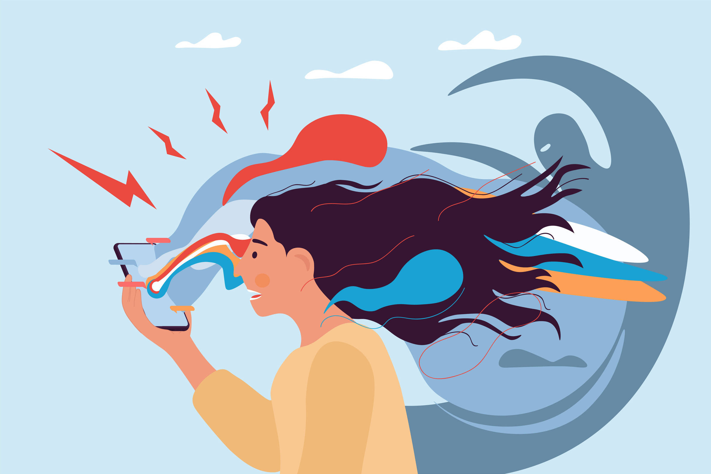 Ilustração em vetor mostra uma mulher de perfil com cabelos pretos e longos e camiseta de manga comprida amarela segurando um telefone celular; da tela do celular saem elementos que representam sentimentos negativos e estressantes.