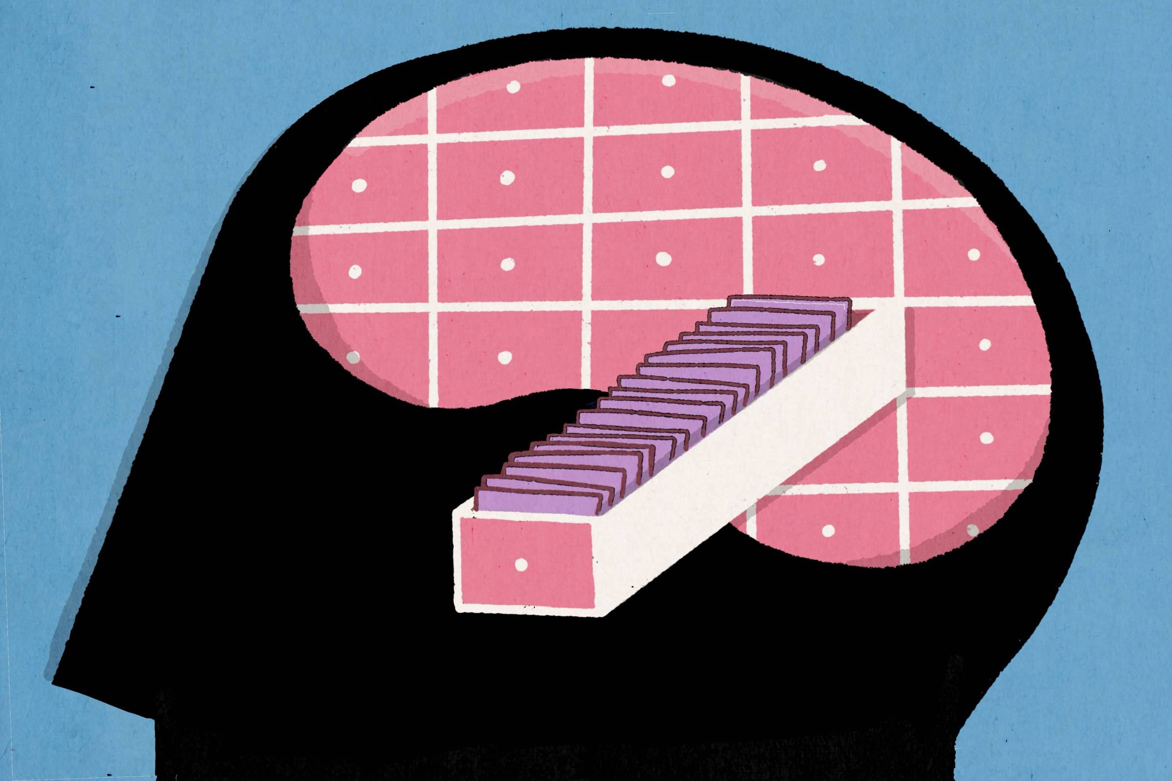 Ilustração em estilo gráfico com textura de papel mostra o perfil de uma cabeça humana em preto, voltada para a direita, sobre um fundo azul. Dentro da cabeça, o cérebro é representado em rosa, com linhas brancas em forma de grade e pequenos pontos. Do centro do cérebro sai uma gaveta branca, aberta, semelhante a um arquivo, contendo várias pastas ou fichas roxas organizadas em sequência. A imagem é simbólica e sugere a ideia de memória, armazenamento e organização de informações mentais.