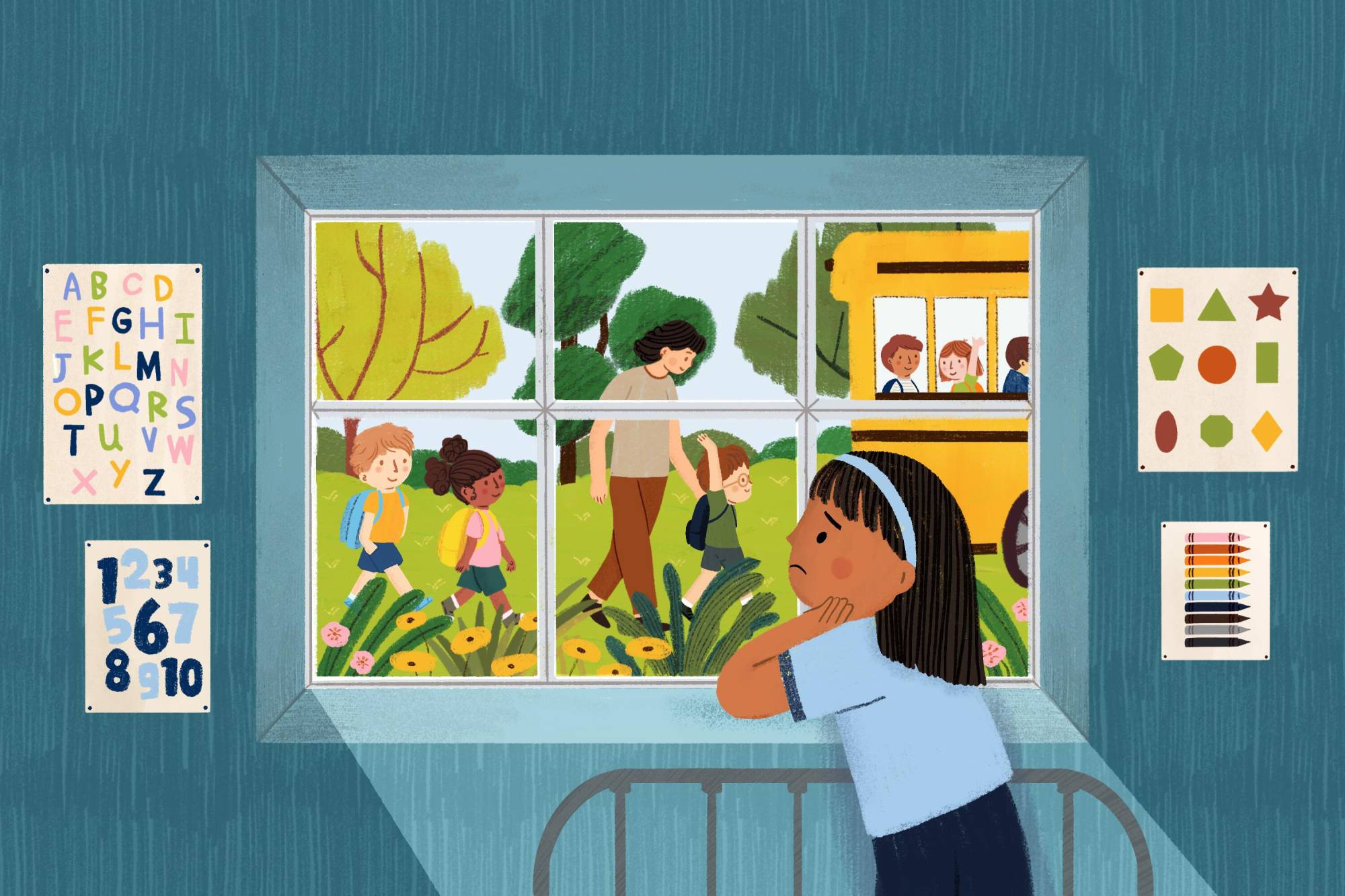 An illustration of a young girl leaning on a windowsill, looking sad, as she watches other children happily get on a school bus.