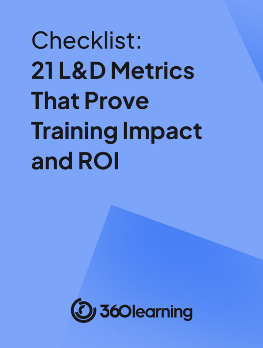 Capa da lista de verificação: 21 métricas de T&D que comprovam o impacto do treinamento e o ROI