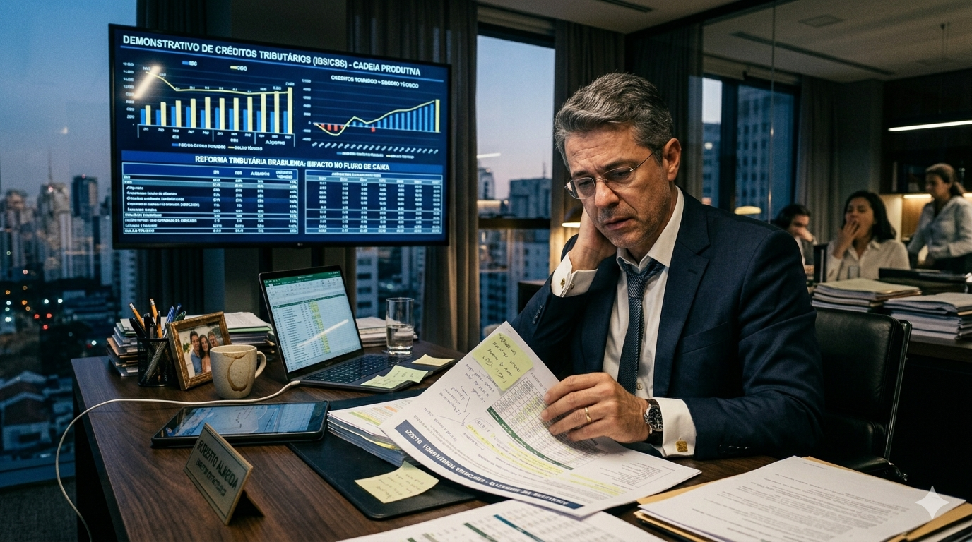 Empresário analisa documentos e gráficos tributários em escritório corporativo durante estudo estratégico sobre os impactos da reforma tributária e créditos de IBS e CBS.