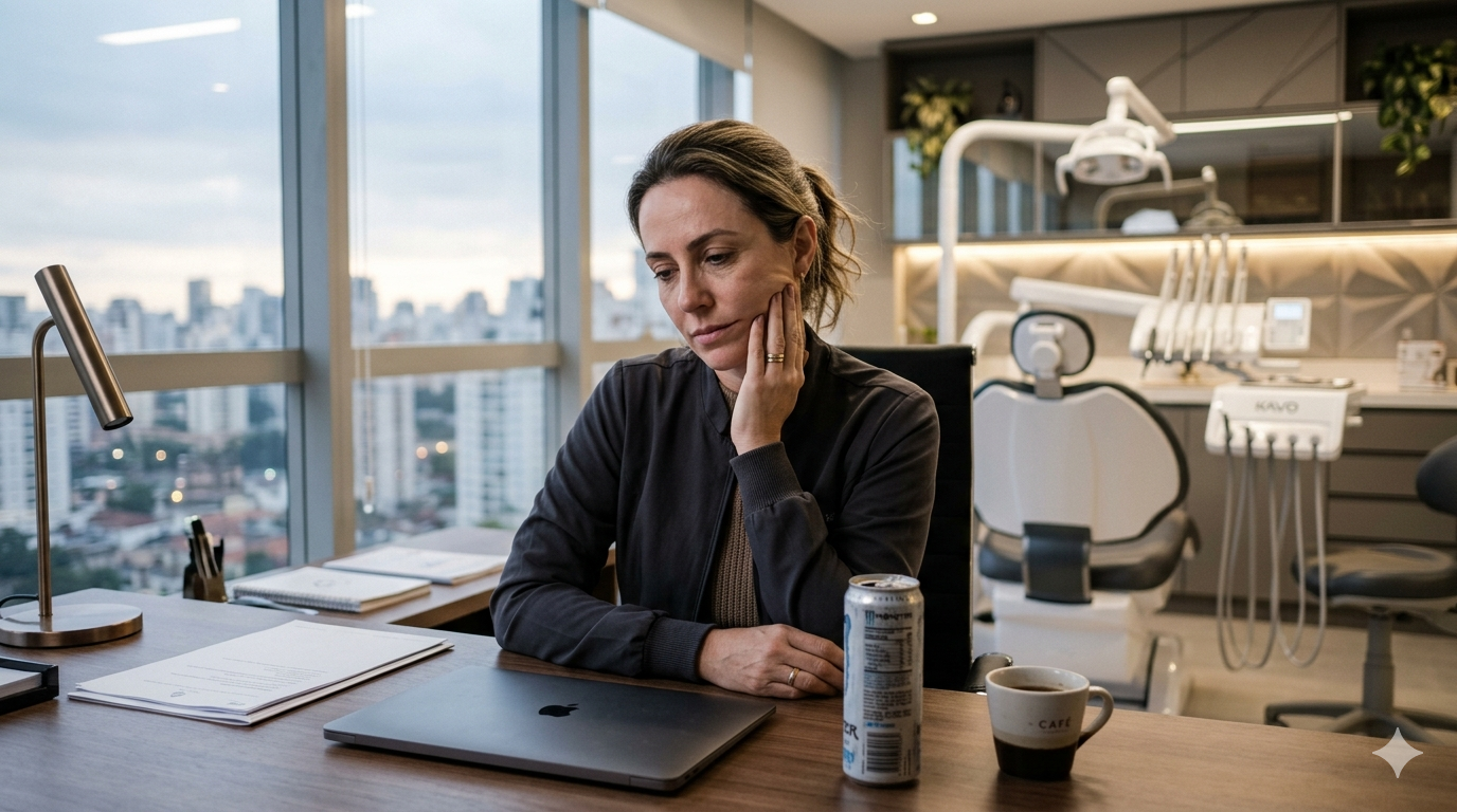 Mulher sentada em consultório odontológico moderno ao amanhecer, com expressão de cansaço e mão apoiada no rosto, ao lado de energético e café sobre a mesa.