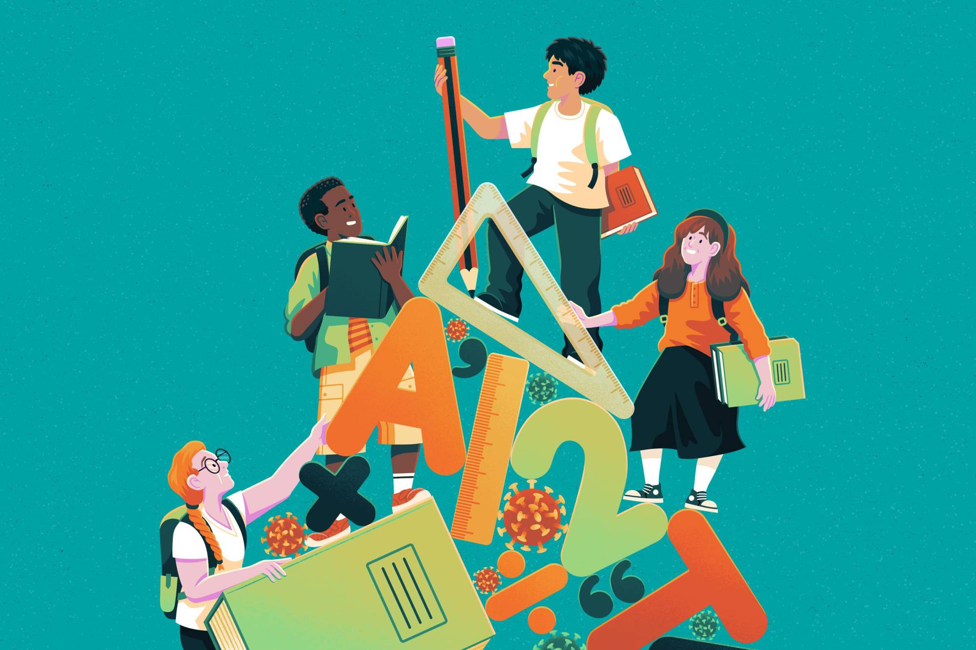 Illustration of students climbing a mountain of school objects.