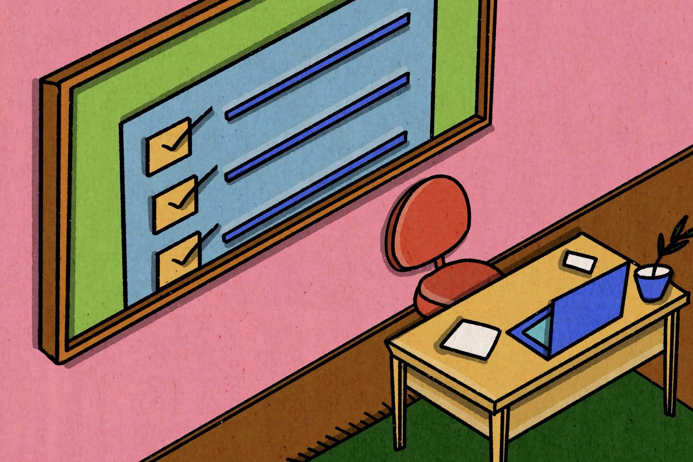 A imagem mostra um ambiente interno com uma mesa de trabalho posicionada no canto de uma sala. A mesa é de madeira clara e tem sobre ela um computador com tela azul, uma folha de papel, um pequeno objeto retangular e um vaso com uma planta. Atrás da mesa há uma cadeira com encosto arredondado em tom avermelhado. Na parede acima, há um quadro grande com moldura verde contendo uma lista com três itens marcados com caixas de seleção assinaladas e linhas horizontais ao lado de cada uma. As paredes são em tons de rosa, e o piso é dividido entre uma área marrom próxima à parede e uma área verde abaixo da mesa.