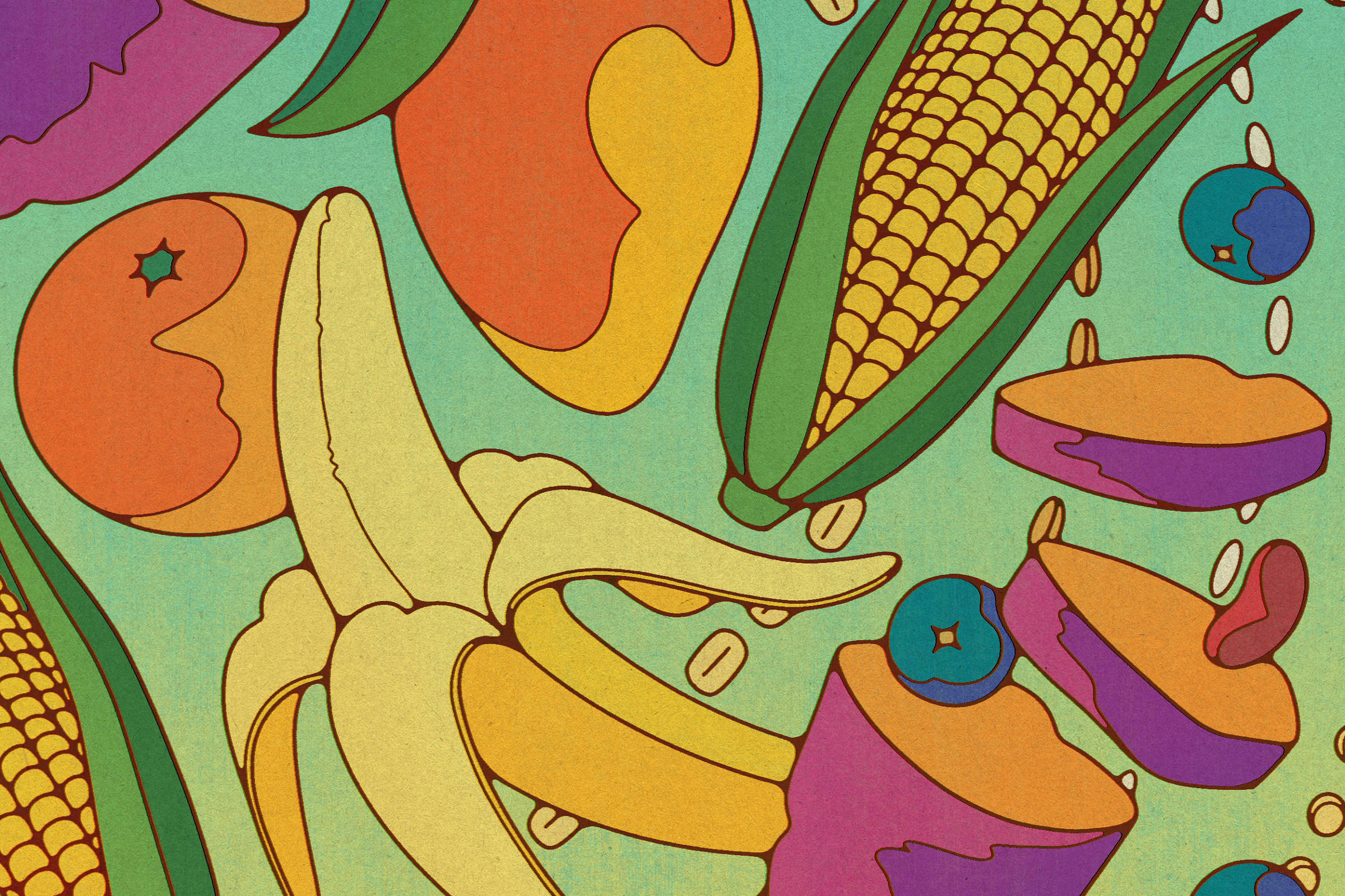 Ilustração com banana descascada, manga, milho, batata-doce roxa, mirtilos e feijões sobre fundo verde.