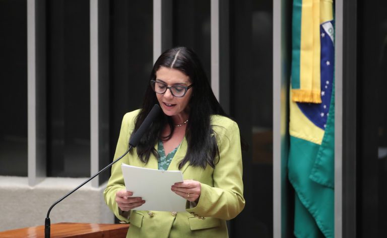Deputada Delegada Ione está sentada à mesa