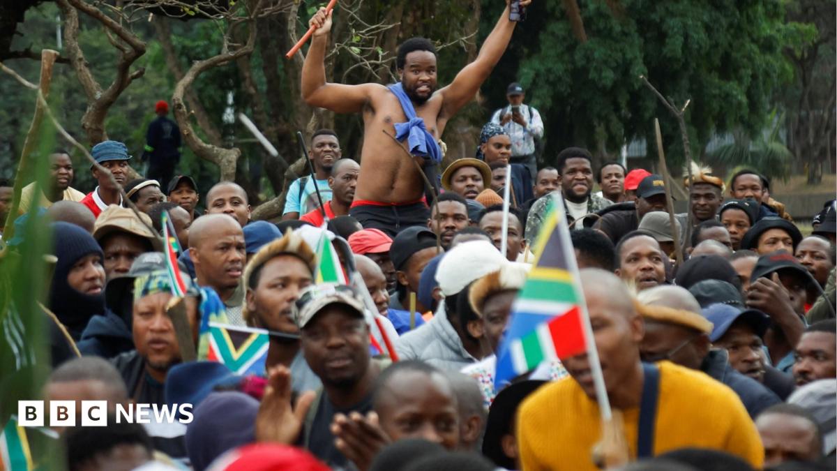 Anti-immigrant protesters with flags and sticks - one hoisted on the shoulders of other marchers in Durban, South Africa - 30 June 2026.