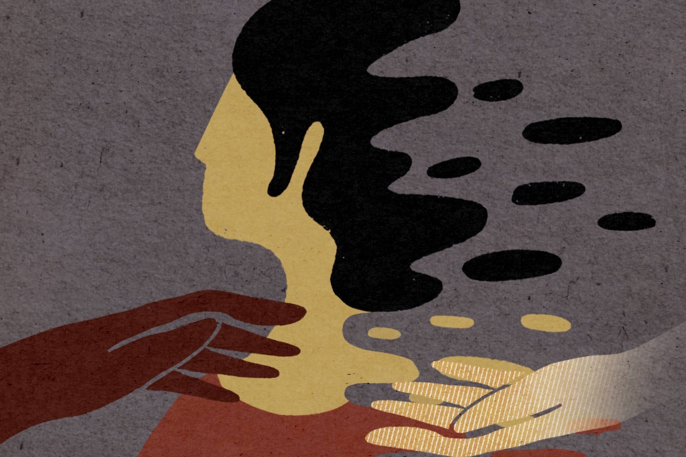 A imagem apresenta uma ilustração estilizada de uma cabeça humana em perfil, com cabelo escuro e ondulado. A cabeça parece estar se desvanecendo em formas abstratas, representadas por linhas e pontos. Duas mãos, uma de tom mais escuro e outra mais clara, estão posicionadas próximas à base do pescoço, sugerindo um toque ou apoio. O fundo é de uma cor cinza texturizada, criando um contraste com as cores da figura.