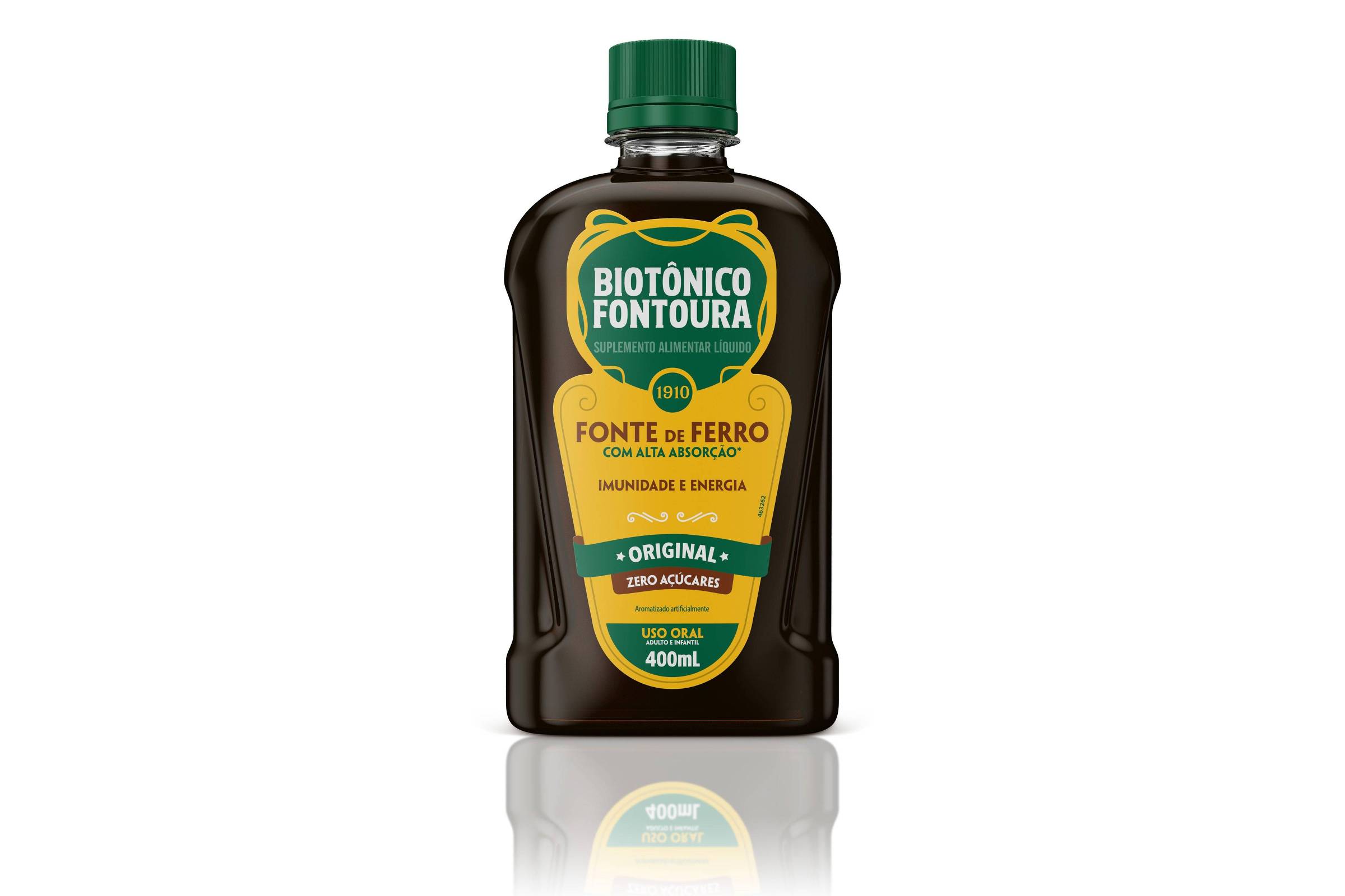 Frasco escuro de 400 ml de Biotônico Fontoura com tampa verde. Rótulo amarelo e verde destaca que é fonte de ferro, sem adição de açúcar, para imunidade e energia.