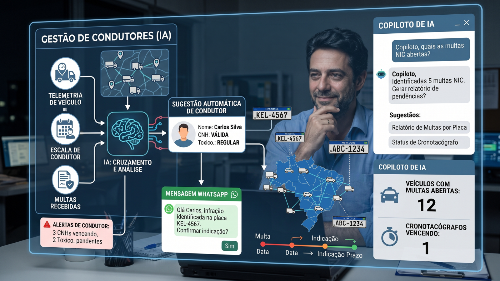 Central de gestão de frotas utiliza Inteligência Artificial para analisar multas, identificar condutores e monitorar operações em tempo real.