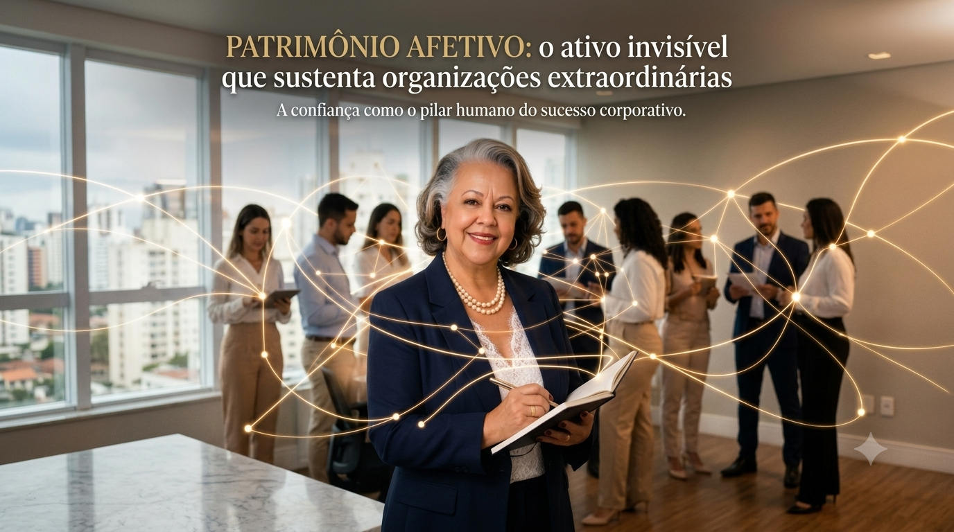 Myrinha Vasconcellos em ambiente corporativo, representando o patrimônio afetivo construído por meio da confiança, dos vínculos humanos e do pertencimento nas organizações.