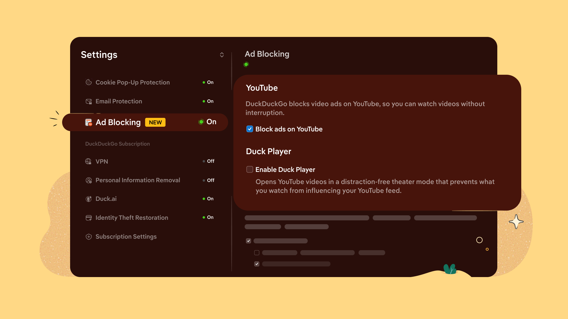DuckDuckGo browser menu highlighting Ad Blocking settings