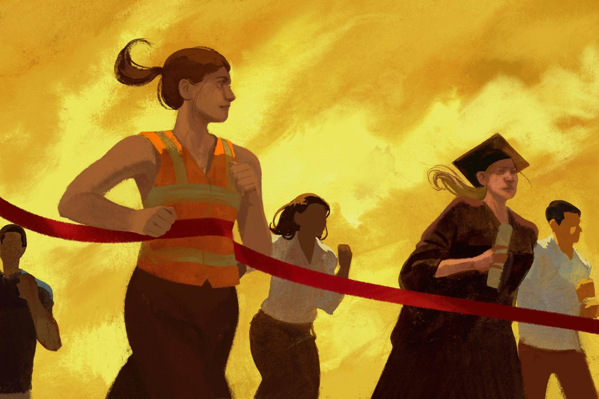 This illustration shows people in various styles of clothing running across a finish line.