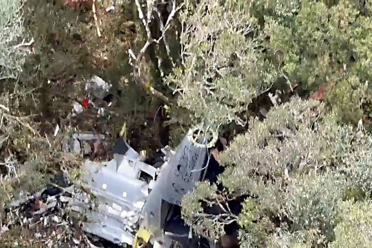 Destroços de uma aeronave parcialmente visíveis entre árvores densas em área florestal. Partes metálicas e fragmentos espalhados indicam acidente aéreo.