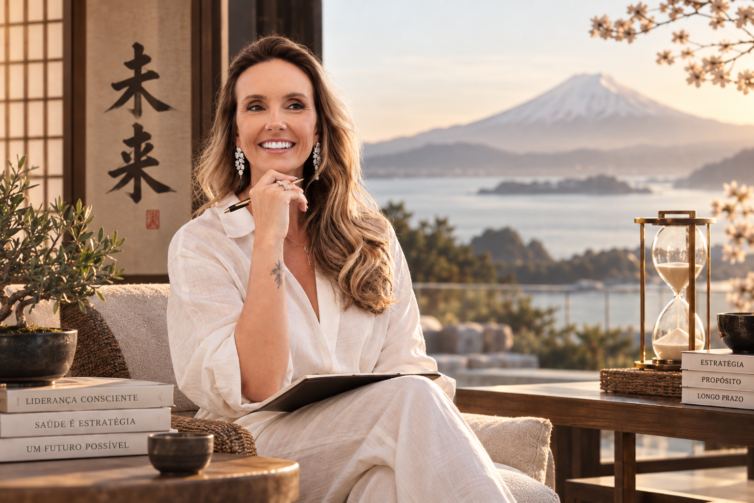 Anna Maoli em ambiente de inspiração japonesa, com o Monte Fuji ao fundo, em uma composição que remete a silêncio, liderança consciente e visão de futuro.