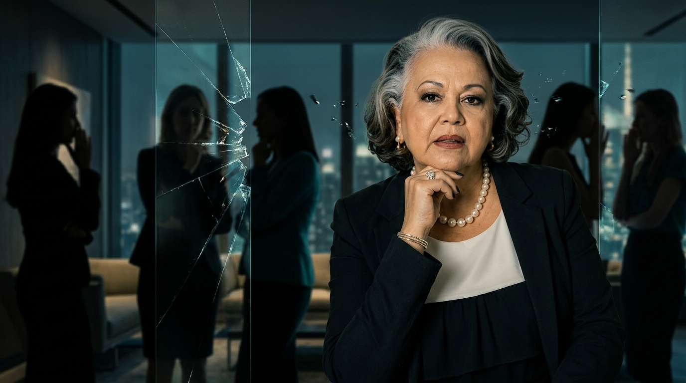 Myrinha Vasconcellos em ambiente corporativo, cercada por silhuetas femininas e reflexos de vidro fragmentado, em representação simbólica dos impactos do Wollying sobre a reputação.