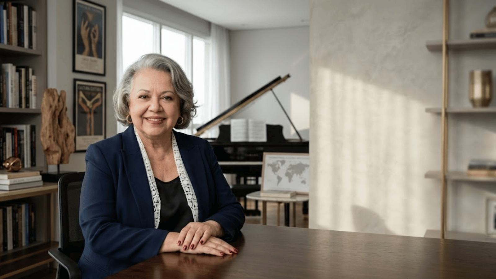 Myrinha Vasconcellos em ambiente de trabalho cercada por livros, arte e piano, representando longevidade produtiva, liderança e atividade intelectual.