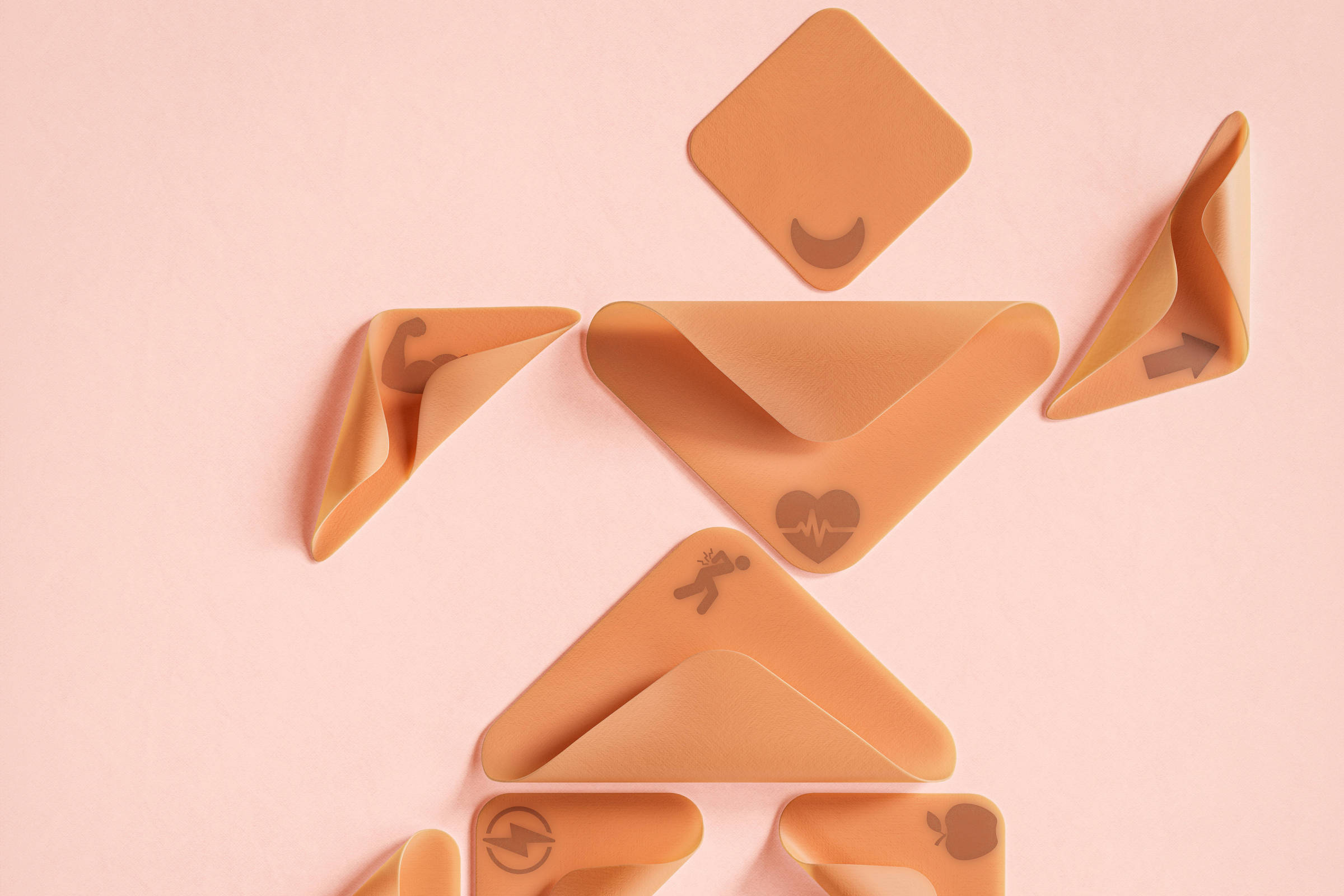 Origamis marrons dispostos sobre fundo rosa formam uma figura humana estilizada em movimento, com símbolos variados em cada peça, incluindo coração, cruz, e outros ícones.