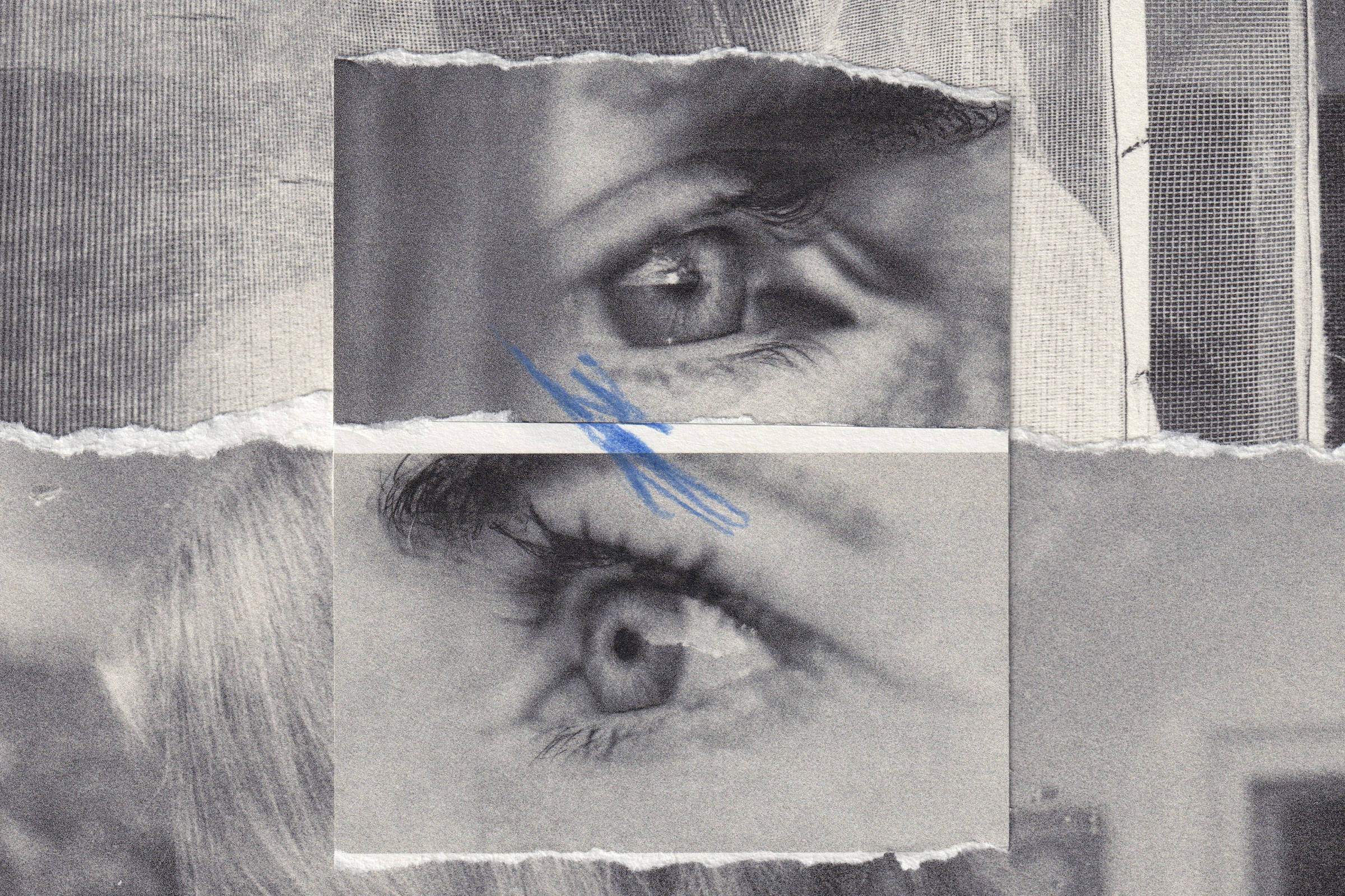 Colagem em preto e branco mostra dois recortes de olhos sobrepostos a uma imagem desfocada de uma pessoa de costas com cabelo claro preso. Fundo apresenta texturas e linhas abstratas.