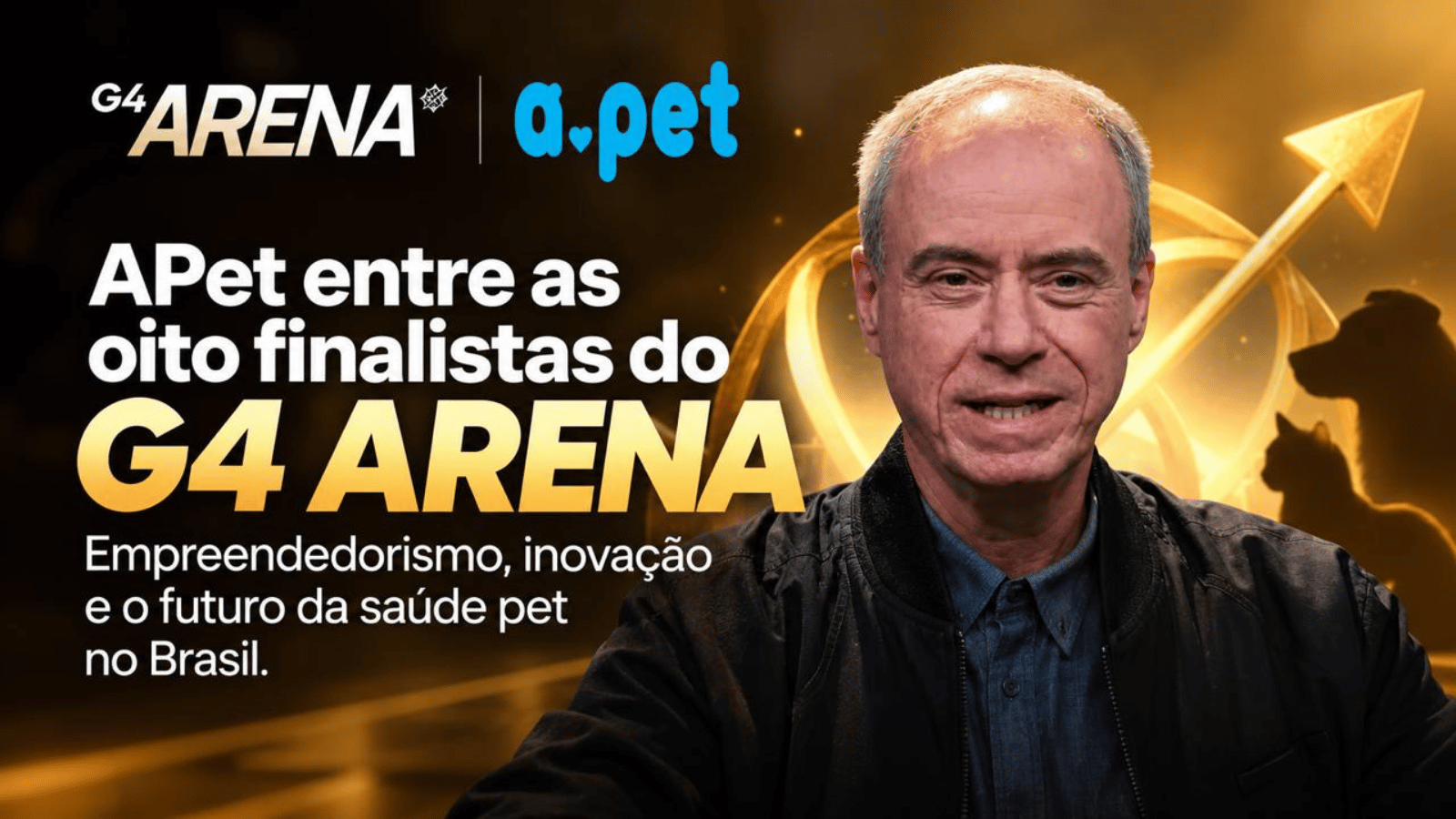 Luiz Gênova, CEO da APet, em arte sobre a participação da empresa no G4 Arena, competição empresarial em que ficou entre as três vencedoras.