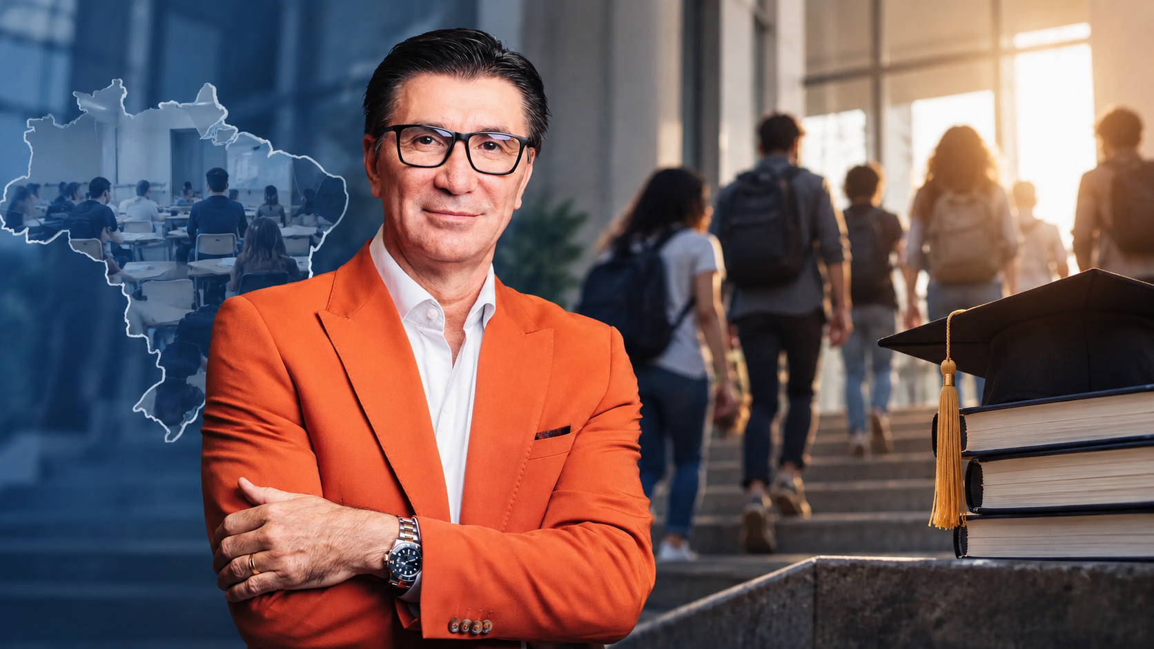 Janguiê Diniz em destaque diante de cenário universitário com estudantes, mapa do Brasil e capelo de formatura, simbolizando os desafios da evasão no ensino superior.