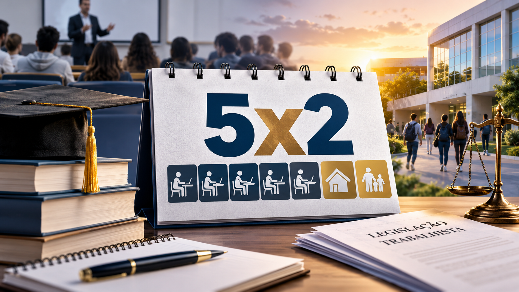 Imagem ilustrativa da escala 5x2, com calendário, estudantes em ambiente universitário, livros, capelo de formatura e balança da justiça, representando os impactos da redução da jornada de trabalho na educação superior.