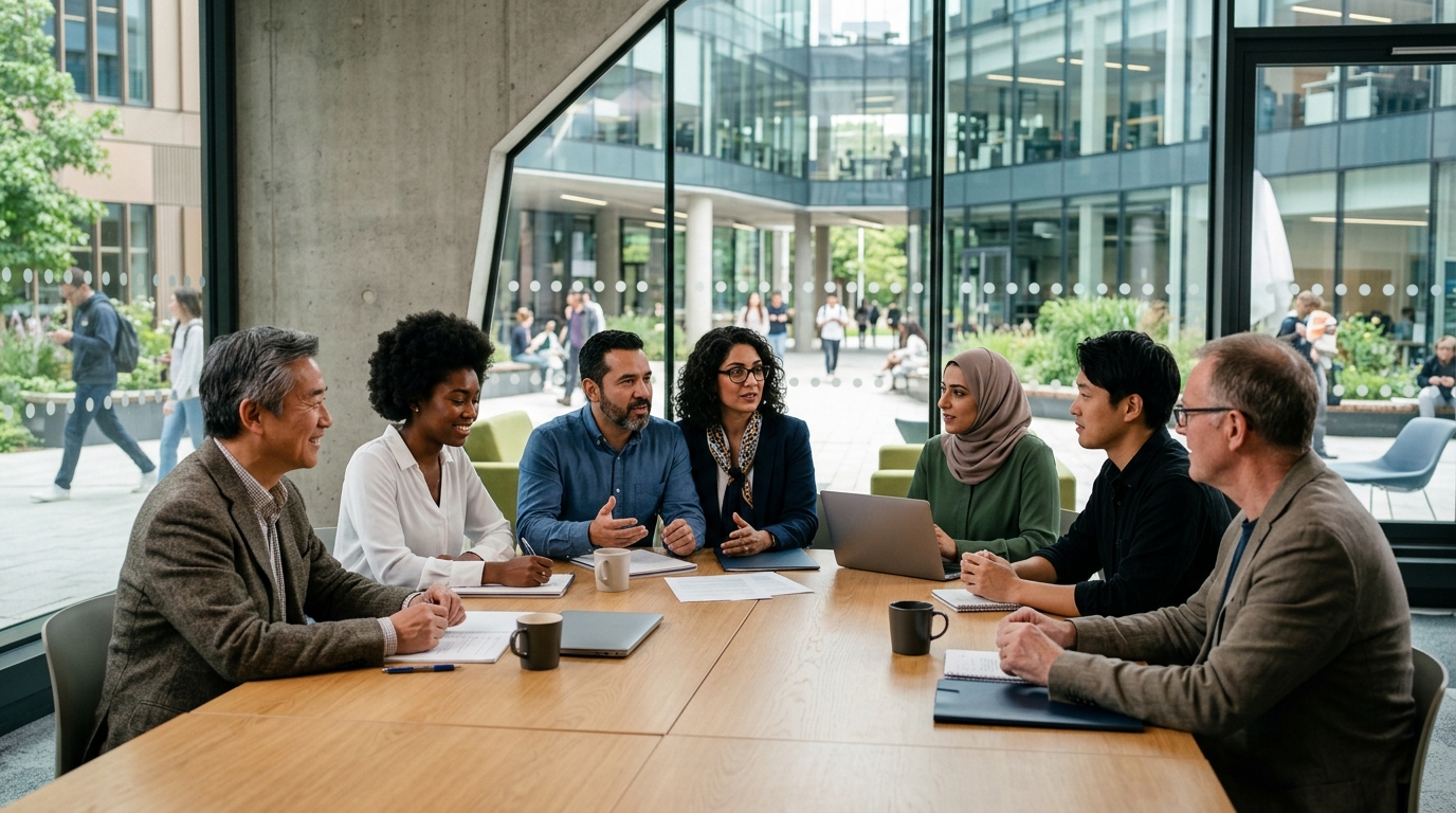 Equipe multicultural reunida em ambiente universitário internacional durante reunião de trabalho e liderança.