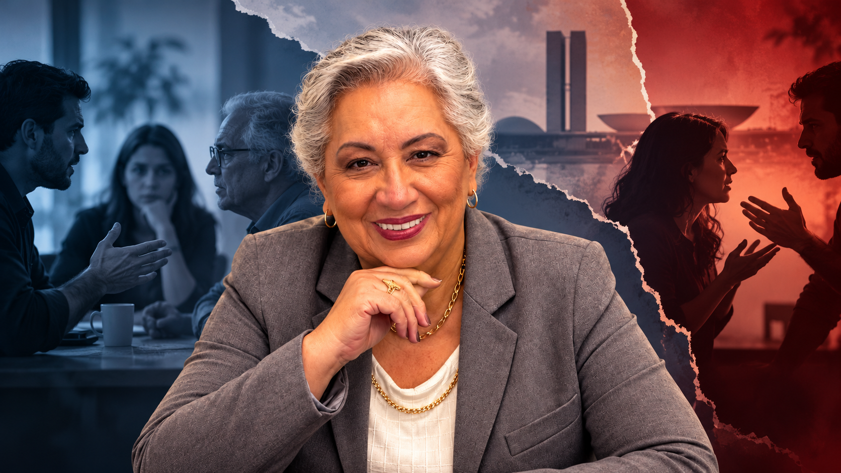 Sylvia Oliveira em destaque, com imagens de discussões familiares ao fundo, simbolizando os impactos da polarização política na saúde mental e nas relações pessoais.